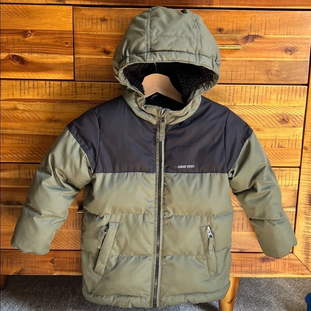 Lands' End Green and Black Hooded Jacket Boys Fleece Lined Coat